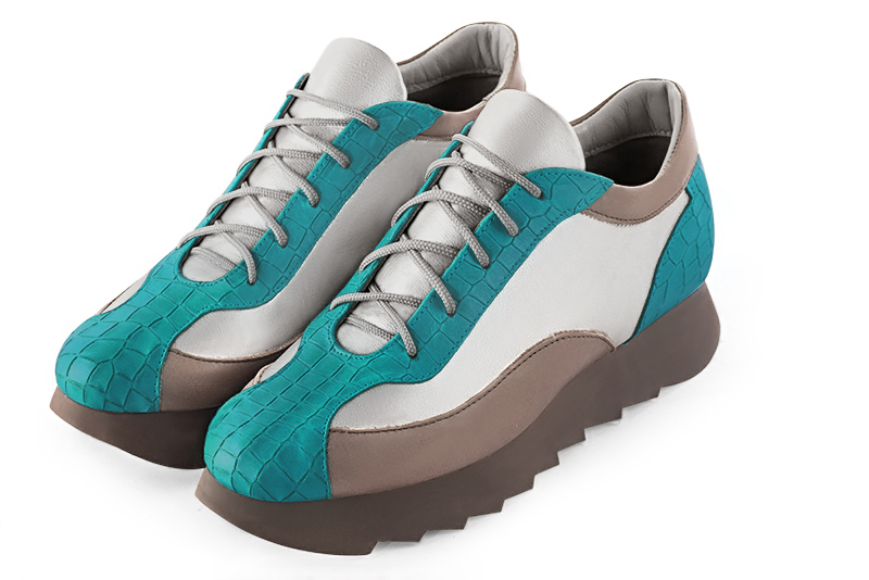 Turquoise blue, light silver and bronze beige women's three-tone elegant sneakers. Round toe. Low rubber soles. Front view - Florence KOOIJMAN